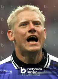 Image of Denmark's Peter Schmeichel reacts after teammate [Peter Moller]  scored a