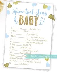 If you look for unisex baby shower games, then here are some unique options you can choose from: Name That Song Baby Shower Game Printable Blue And Gold Etsy Baby Shower Games Printable Baby Shower Games Baby Shower