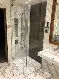 Frameless Full Height Shower Enclosure Recessed Into Ceiling In Low Iron Glass With Finger Pull Shower Doors Walk In Shower Doors Frameless Shower Enclosures