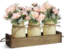 Artificial flower arrangements dining room table. Buy Floral Arrangements Artificial Centerpieces Centerpieces For Dining Room Table Mason Jar Decorative Wood Tray With Fake Rose Bouquet Flowers Farmhouse Decor For Living Room Kitchen Table Pink Online In Turkey