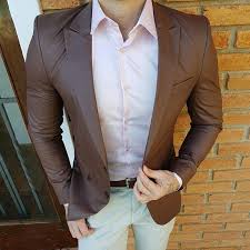 Brown Blazer Paired With Light Pink Shirt And Khakis For Men Menswear Light Pink Shirt Men Suits Blue Blue Suit Men