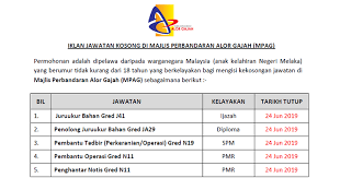 Maktab rendah sains mara atau mrsm adalah sekolah berasrama penuh yang dibina oleh mara hampir di setiap negeri di malaysia dan masih boleh mohon untuk pengajian islam bahagian alor gajah? Jawatan Kosong Di Majlis Perbandaran Alor Gajah Mpag Kelayakan Pmr Spm Diploma Ijazah Ejawatankini Com