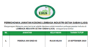 Warganegara malaysia yang berkelayakan dipelawa untuk mengisi jawatan kosong seperti berikut nama majikan : Pemohonan Jawatan Kosong Lembaga Industri Getah Sabah Ligs 2019