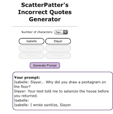 We did not find results for: Scatterpatter S Incorrect Quotes Generator Number Of Characters Two Generate Prompt Your Prompt Isabelle Slayer Why Did You Draw A Pentagram On The Floor Slayer Your Text Told Me To Satanize The House