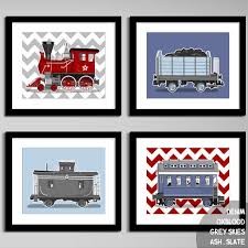 Retro Railroad Train Nursery Artwork Set Of 4 Printed Etsy Train Nursery Train Nursery Art Chevron Wall Art