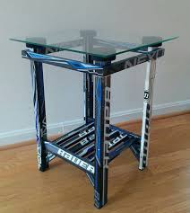 A Great Table For Your Living Room Made Of Game Used Hockey Sticks Its A Great Way To Recycle And Add A To Hockey Stick Furniture Hockey Room Decor Furniture