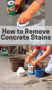 Stains (mustard, wine, etc.) can be bleached out using household bleach. Removing Oil Paint And Other Concrete Stains Remove Oil And Grease Stains From Concrete Using Tsp And Other Clean Cleaning Hacks Concrete Stains Paint Remover