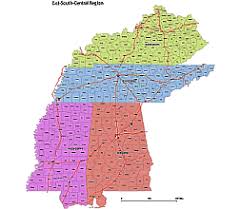 The map above is a landsat satellite image of alabama with county boundaries superimposed. South East Region Of Usa 4 State County Map Alabama Mississippi Kentucky Tennessee Alabama County Map Alabama Tennessee