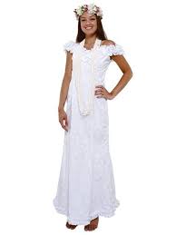 Hibiscus White Poly Cotton Hawaiian Frill Sleeve Long Dress Traditional Hawaiian Wedding Dress Dresses Long Sleeve Dress