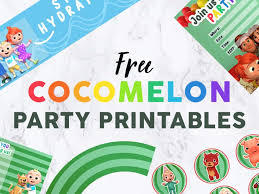 Invitation, tag, labels, and party ribbon. Cocomelon Party Printables Set Free Download