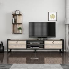 Sena Modern Metal Ayakli Tv Unitesi Naturel Gri Cam Modern Oturma Odasi Raf