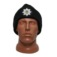 Шапка «Полиция» вязаная на флисе с отворотом Черная