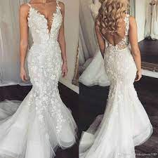 Gali Karten 2019 Mermaid Wedding Dresses Spaghetti V Neck Lace Appliqued Sweep Train Wedding Gowns Beads Beach Backless Long Bridal Dress From Alsenlife 141 3 Wedding Dresses Mermaid Bling Bridal Dresses Mermaid