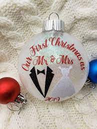 Our First Christmas As Mr Mrs Glittered Ornament Etsy Vinyl Christmas Ornaments Christmas Ball Ornaments Diy Christmas Glitter Ornaments