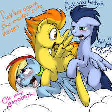 3870 - source needed, explicit, artist:kloudmutt, rainbow dash, soarin,  spitfire, pegasus, pony, g4, ahegao, annoyed, blushing, cloud, creampie,  cum, cute, cute porn, cutefire, dashabetes, dialogue, doggy style, drool,  english, excessive sex, female,