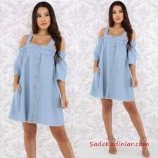 2020 Kot Elbise Modelleri Buz Mavisi Kisa Askili Dusuk Kol Dugme Aksesuarli Elbise Modelleri Kot Elbiseler Elbise
