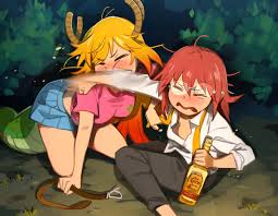 khyle., kobayashi (maidragon), tohru (maidragon), kobayashi-san chi no  maidragon, highres, 2girls, barefoot, blonde hair, blue skirt, blush,  bottle, closed eyes, domestic violence, dragon horns, dragon tail, glasses,  grey pants, holding, holding bottle,