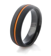 Men S Flat Black Wedding Band With Orange Inlay Titanium Wedding Rings Black Wedding Band Mens Wedding Bands Black