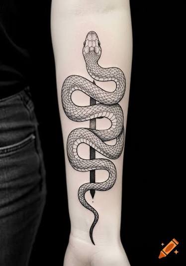 Two mirror-symmetric slender snakes with black circuit-like patterns and glowing blue nodes tattooed on a person's abdomen. on Craiyon