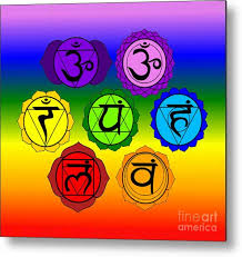 Yoga Reiki Seven Chakra Symbols On Rainbow Background Metal Print