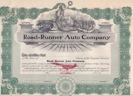 Road Runner Auto Company 1908 Stock Certificates Road Runner Bird Banknote Collection
