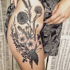 Wildflowers In A Similar Grouping Underneath And Surrounding The Moth Flower Thigh Tattoos Hip Tattoo Tattoos
