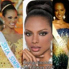 ANDREA ESCOBAR represento a Yaracuy en Miss Venezuela 2010 donde no  clasificó En 2013 participo en Miss Venezuela Mundo donde se posiciono como  2da finalista Luego represento a Venezuela en Miss Hisbiscus