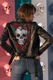 Party Jacket Crystal Skull Roses Biker Jacket Black Leather Jacket Steampunk Harlequin Goth Clothing Motorcycle Wear Leather Jackets Women Leather Jacket Style Womens Black Leather Jacket