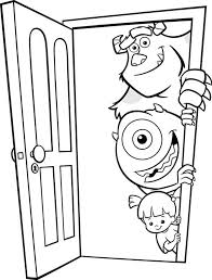 In this scene from the film monters, inc., mike and sulley escape from randall as they race to the factory and ride on the doors heading into storage. Mike Sulley And Boo In Front Of The Door In Monsters Inc Coloring Page Kids Play Color