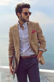 For that please look at the build an outfit that works guide. Summer Business Casual Inspiration With A Tan Colored Blazer White Navy Striped Button Up Shirt Brow Mens Fashion Blazer Blazer Outfits Men Jackets Men Fashion