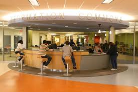 University Of Toledo Interesting Idea For Lrc Counter Combined With Enquiry Point Bar Stools Su School Library Design Library Furniture Library Inspiration