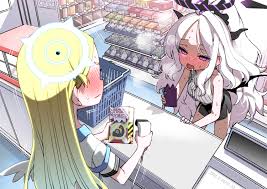 hitotose rin, hina (blue archive), sora (blue archive), blue archive,  2girls, barcode scanner, bat wings, black gloves, black halo, black horns,  black skirt, blonde hair, blush, cellphone, closed mouth, gloves, halo,  holding,