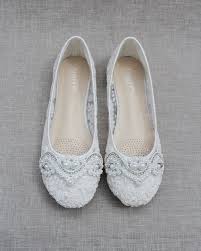 White Crochet Lace Round Toe Flats with SMALL PEARLS APPLIQUE