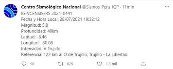 El centro sismológico nacional, obtiene sus datos directamente de la red sismológica nacional (rsn), la cual está conformada por una serie de estaciones distribuidas a lo largo del país. Temblor Hoy En La Libertad Sismo De 5 8 Sacudio Trujillo El Miercoles 28 De Julio Por La Noche