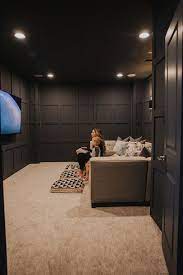 Our Dark Gray Home Theater Room With Wall Paneling Merrick S Art Home Cinema Room Home Theater Room Design Home Theater Rooms