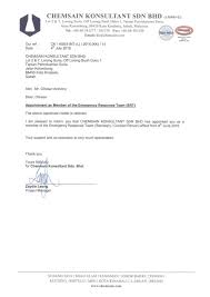 Emergency response and disaster recovery. Letter Of Appointment Chemsain Konsultant Sdn Bhd Member Of The