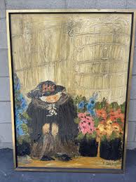 Etta Benjamin Cien Signed Mid Century Large Oil Painting Women & Flowers