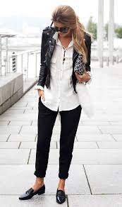 Office Look With A Black Biker Jacket Office Outfits Work Outfits Women Casual Outfits