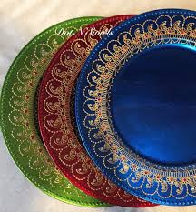13 Henna Decorated Charger Plate Wedding Centerpiece Pooja Thali Mehndi Plate Henna Party Wedding Decorations Rakhi In 2020 Indian Decor Indian Wedding Decorations Wedding Decorations