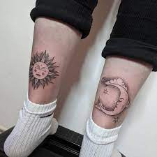 Moon Sun Sun And Moon Tattoo On Calf Calf Tattoo Tattoos Sun Tattoos