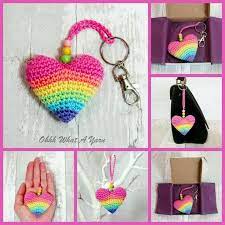 Crochet Pastel Rainbow Heart Heart Bag Charm Hanging Decoration Key Ring Crochet Keychain Pattern Crochet Heart Pattern Crochet
