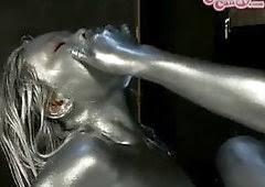 Large breast hotty complete painted in silver. Body Painting Porn