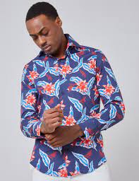 Navy blue white floral pattern button up mens. Cotton Stretch Men S Stretch Slim Fit Shirt With Floral Print And Single Cuff In Navy Red Hawes Curtis Uk