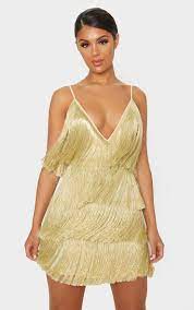 Bottega veneta fringe terry minidress. Gold Tassel Fringed Strappy Bodycon Dress Prettylittlething Usa