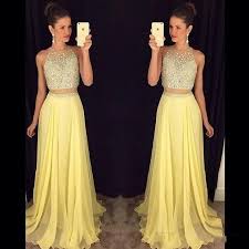 2016 Two Pieces Evening Dresses Party Prom Dresses Light Yellow Sheer Crew Formal Dresses Chiffon Long Graduation Dresses Cheap Dresses For Evening Dylanqueen E Prom Dresses Yellow Prom Dresses Sleeveless Prom