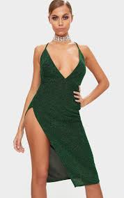 Green Glitter Strappy Plunge Extreme Split Midi Dress Kragen Grun
