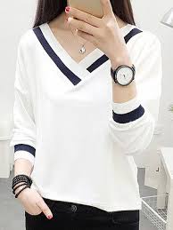 Kostenlose fachberatung, 30 tage rückgaberecht, große markenvielfalt & schnelle lieferung. V Neck Contrast Piping Polos T Shirt Lengan Panjang Tops Ladies Tops Fashion Womens Tops
