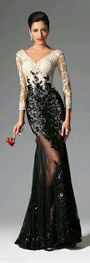 Black And White Sheer And Sequin Embellishment Evening Gown Evening Gowns With Sleeves Gowns Evening Gowns