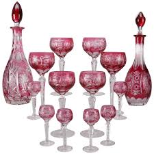 Be sure to get the little round plastic spacers to put between the wood and the glass. 14 Piece Cranberry Glass Cut To Clear Decanter And Stemware Set 19th Century At 1stdibs