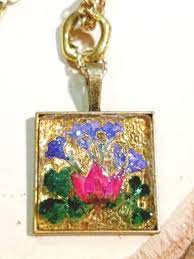 Real Pressed Flowers Pink Boronia Blue Forget Me Nots On Glass Cabochon In Square Brass Pendant 24 Inch Flower Jewellery Pressed Flower Art Pressed Flowers